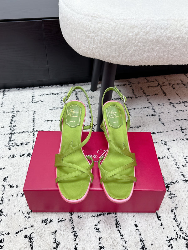 RV Rose Vivier Sandals 10cm Olive Green Satin 617305