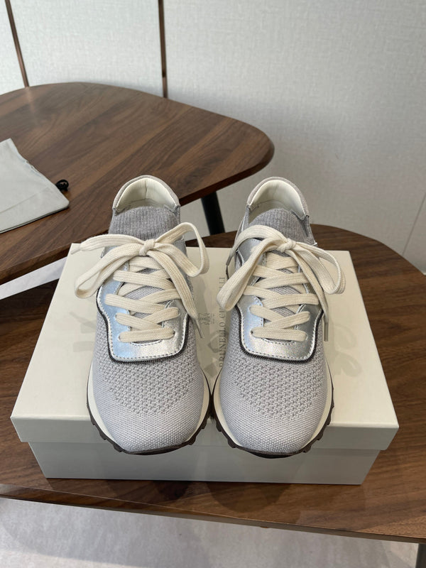 Brunello Runners With Shiny Eyelets Grey Suede Cotton 624469