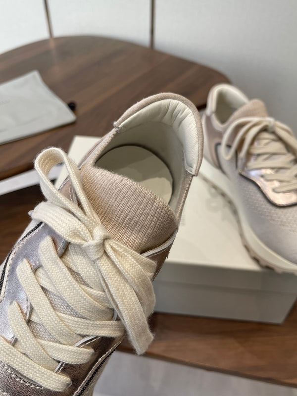Brunello Runners With Shiny Eyelets Light Grey Suede Cotton 624471