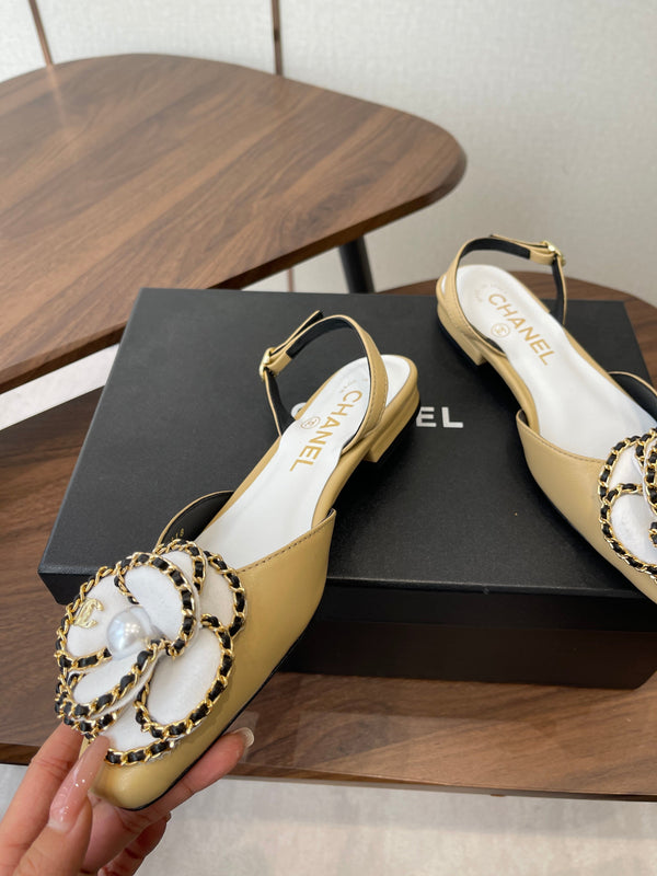 CC Classic Camellia Flat Slingback Beige White Leather 624231