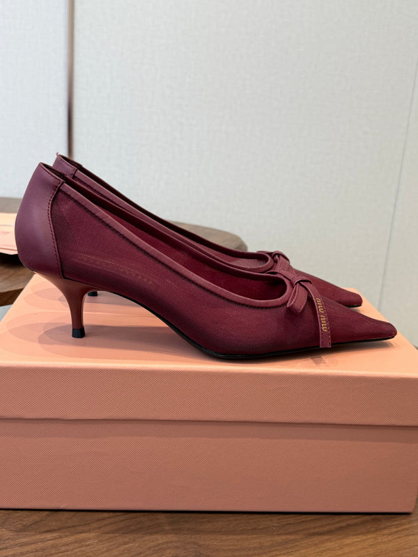 Miu 26s High-Heeled Pump Burgundy Mixed Sheepskin with Lace 790463