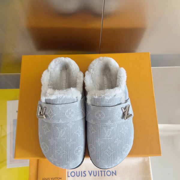 LV 25 Birkenstock Platform Slippers Light Gray Denim Wool 576221