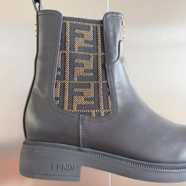 Fendi 2025 FF Monogram Chelsea Boot Black Brown Leather Fabric 553105