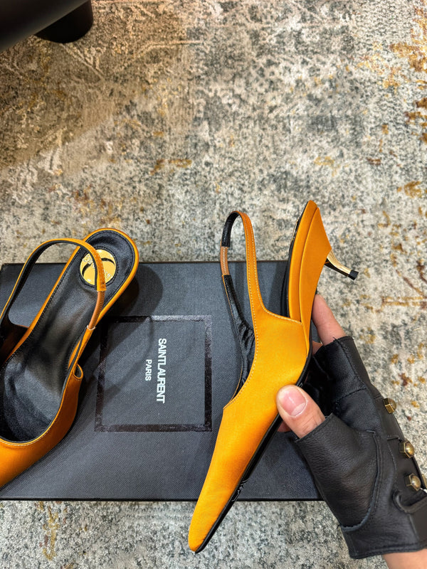 YSL Anne-Marie Slingback 8cm Orange Satin 637213