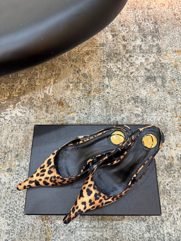 YSL Anne-Marie Slingback 8cm Leopard Printed Satin 637229