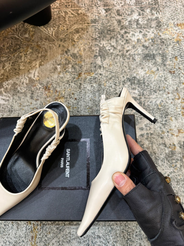 YSL Anne-Marie Slingback 8cm Cream Glossy Sheepskin 637225