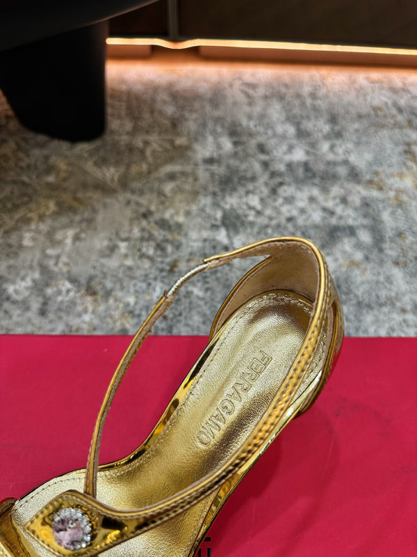 Ferragamo Crystal Embellishments Sandals 9cm Gold Patent Leather 694844