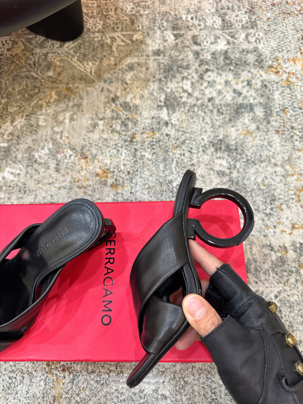Ferragamo Gancini-Heel Padded Sandals 9cm Black Cowhide 694847