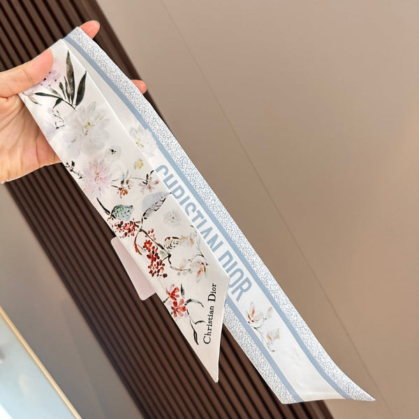 CD Twilly Mini Scarf 105cm White Baby Blue Mulberry Silk 766735