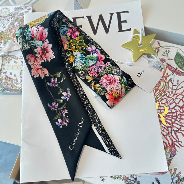 CD Twilly Mini Scarf 105cm Black Colorful Mulberry Silk 902532