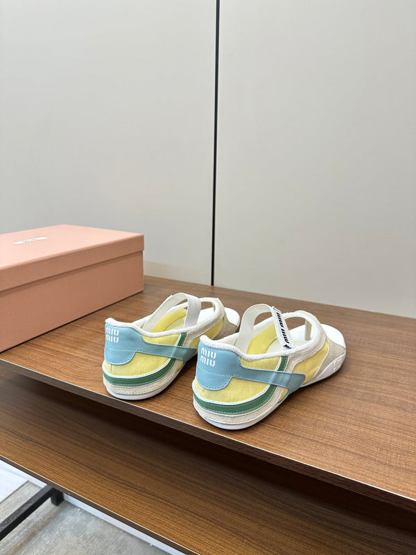 Miu Thong Sandals In Beige Suede Mix Yellow Tech Fabric