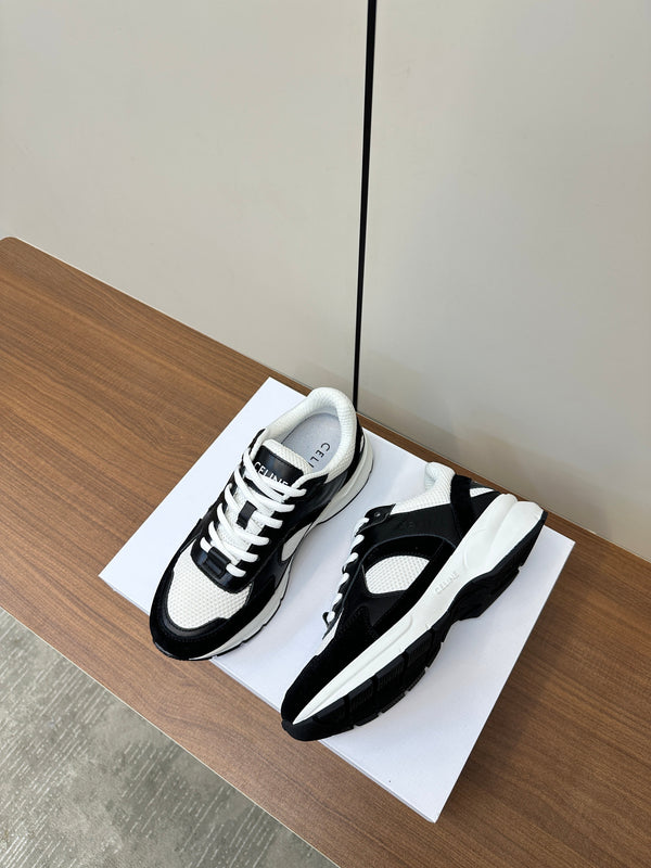 RUNNER CR-03 LOW LACE-UP IN WHITE MESH AND BLACK CALFSKIN