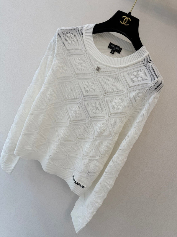 CC 26s Diamond Open-Knit Crewneck Sweater White Wool 423111