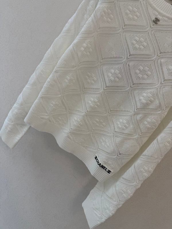 CC 26s Diamond Open-Knit Crewneck Sweater White Wool 423111