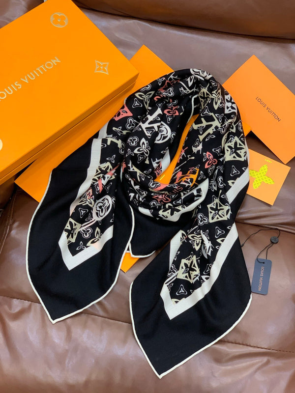 LV X TM MONOGRAM Scarf Black Pink Blue Silk Cashmere 965396