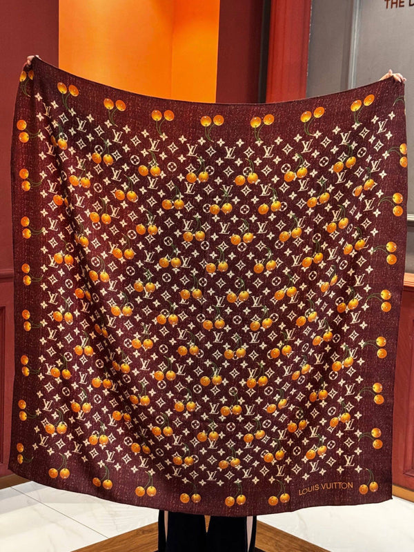 LV X TM MONOGRAM Scarf Brown Yellow Silk Cashmere 965427