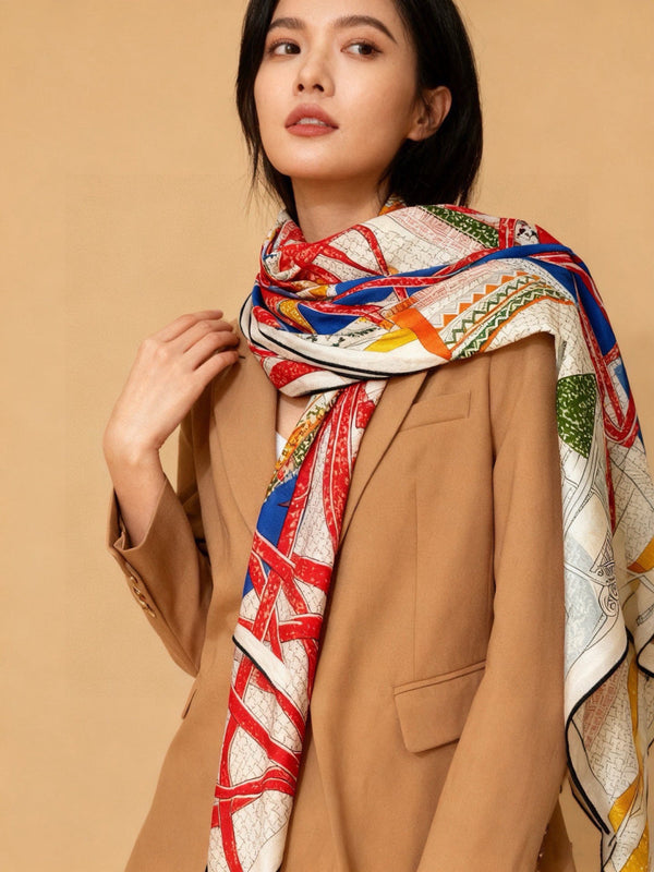 HM 25s Essential Scarf 140cm Red Colorful Cashmere Silk 967422