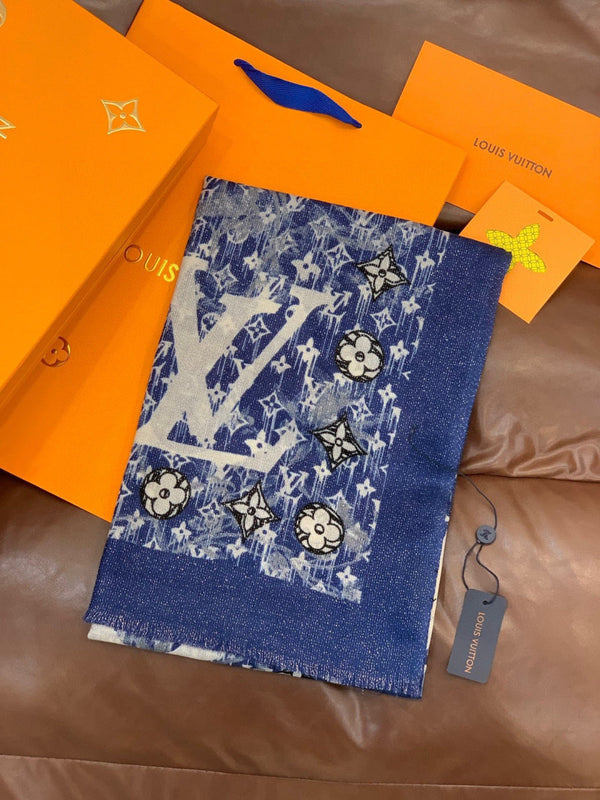 LV Monogram Scarf 200cm Blue White Cashmere 969183