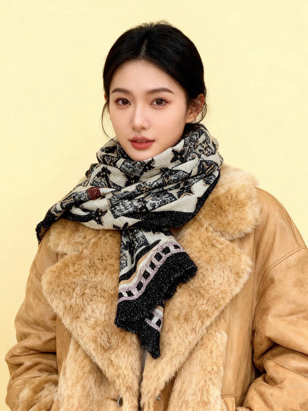 LV Monogram Scarf 200cm Black White Cashmere 969186