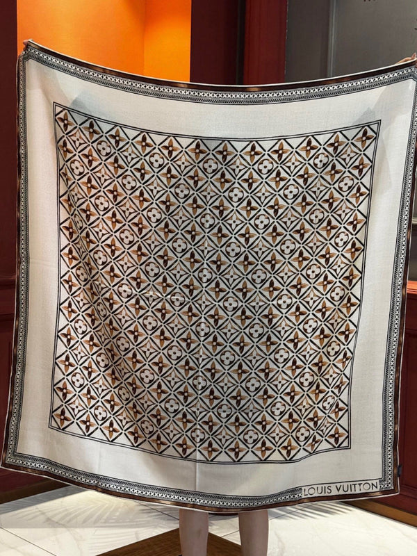 LV Velvet Square Scarf 135cm White Black Beige Cashmere 970943