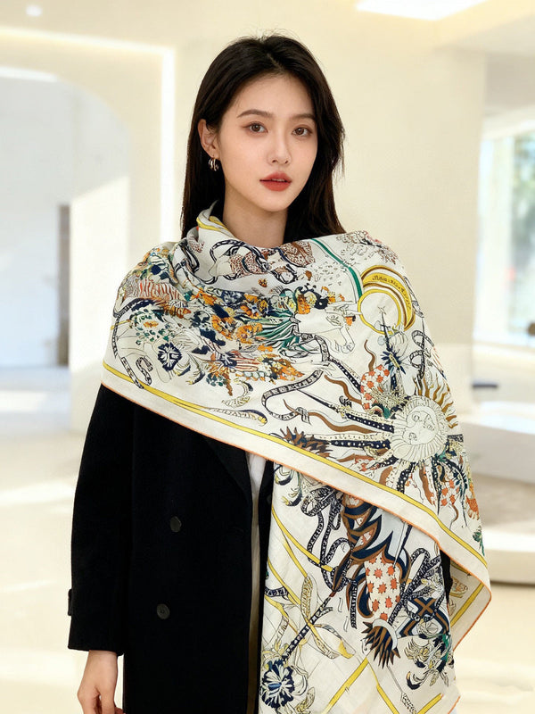 HM 25s The King Scarf 140cm White Blue Colorful Cashmere 973054