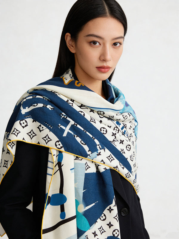 LV Scarf 135cm White Blue Cashmere Mulberry Silk 976761