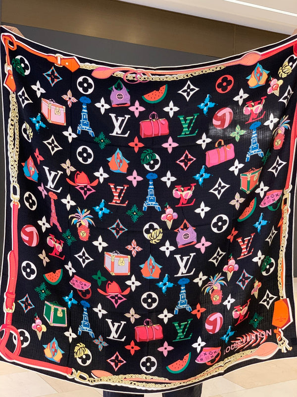 LV Scarf 135cm Black Multicolor Cashmere Mulberry Silk 976764