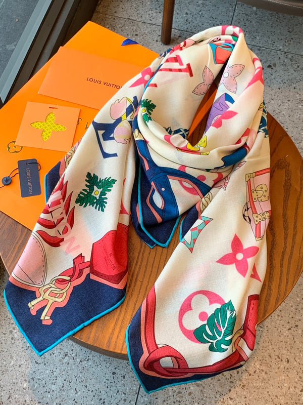 LV Scarf 135cm White Multicolor Cashmere Mulberry Silk 976763