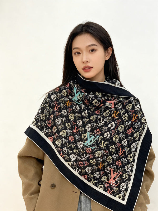 LV Double-Sided Shawl Scarf 140cm Black Multicolor Silk Cashmere 976741