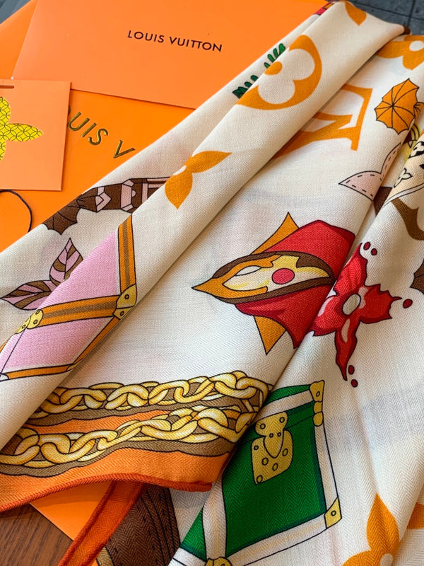 LV Scarf 135cm White Orange Multicolor Cashmere Mulberry Silk 976762