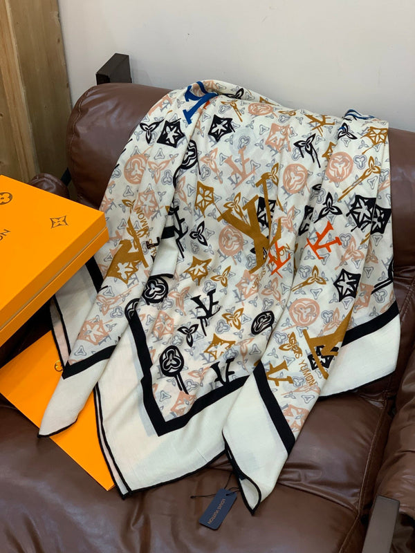 LV Double-Sided Shawl Scarf 140cm White Blue Silk Cashmere 976742