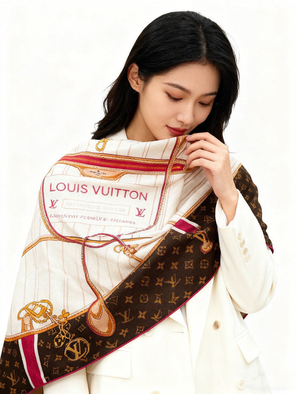 LV Scarf 135cm Black Brown Red Cashmere Silk 143712