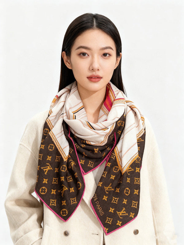 LV Scarf 135cm Black Brown Red Cashmere Silk 143712