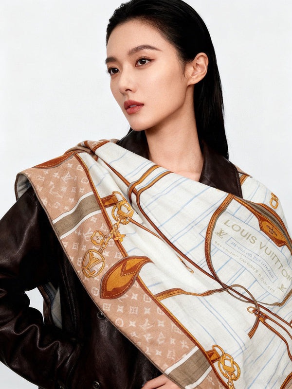 LV Scarf 135cm Brown Patterned Cashmere Silk 143713