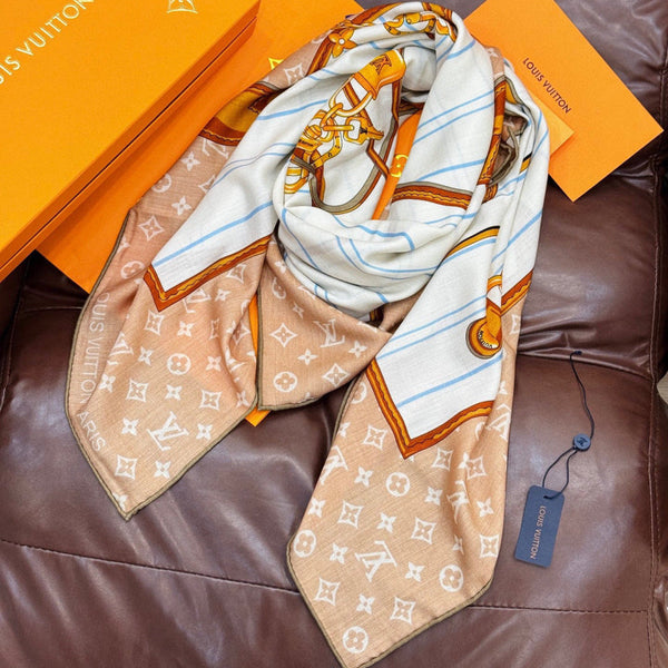 LV Scarf 135cm Brown Patterned Cashmere Silk 143713