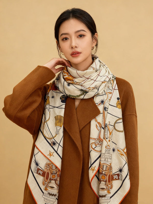 HM Starry Night Chorus Double-Sided Scarf 140cm White Silk Cashmere 143718