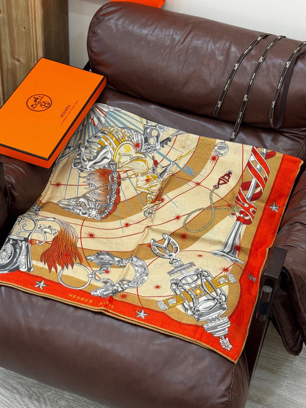 HM Starry Night Chorus Double-Sided Scarf 140cm Peach Orange Silk Cashmere 143719