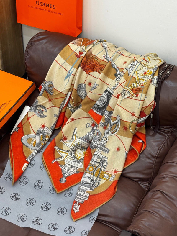 HM Starry Night Chorus Double-Sided Scarf 140cm Peach Orange Silk Cashmere 143719