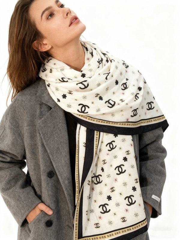 CC Scarf 140cm White Monogram Silk Cashmere 143731