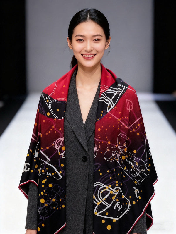 CC Double-sided Scarf 135cm Red And Black Mulberry Silk Cashmere 143734