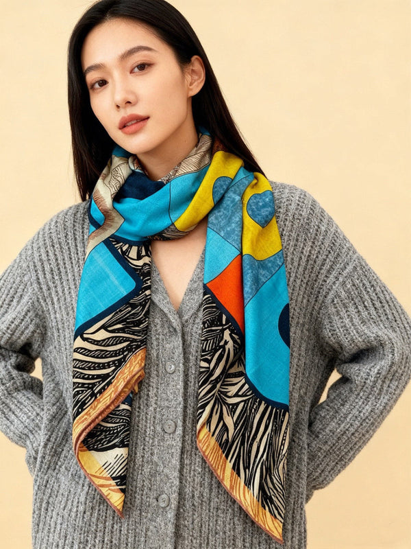 HM 26s Double-sided Scarf 140cm Blue Yellow Silk Cashmere 153140