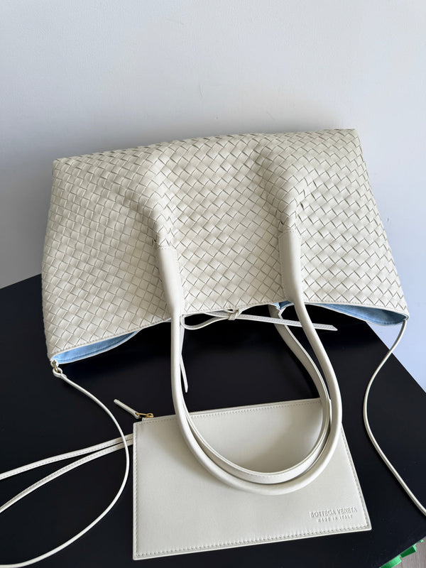 BV Pinacoteca Bag 43cm White Intrecciato Calfskin & Suede