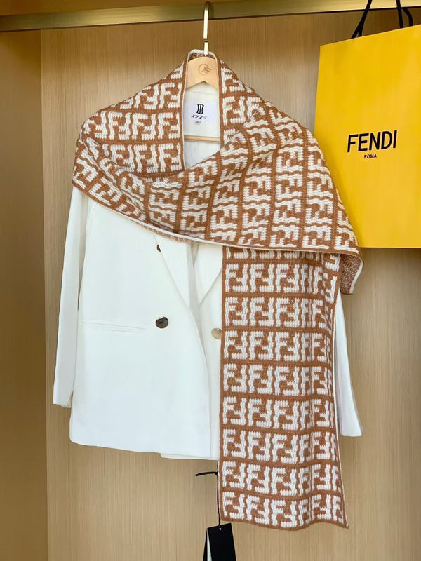 FF Jacquard 180CM Scarf Light Brown White Wool 104534