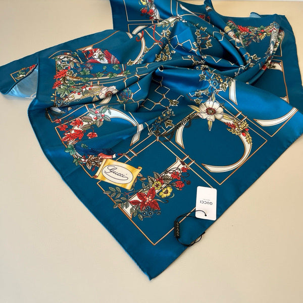 GG Signature Floral Scarf 90CM Blue Muticolor Twill Mulberry Silk 280659