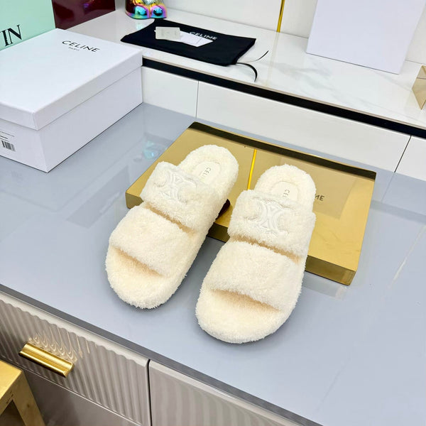 CL 25s Triomphe Slides 50mm White Wool & Rubber 434464