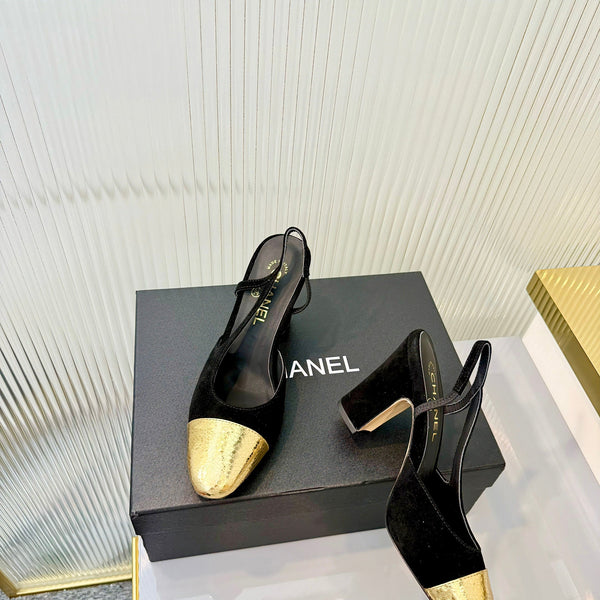 CC 26 Slingback High Heel 9cm Black Gold Suede 714013