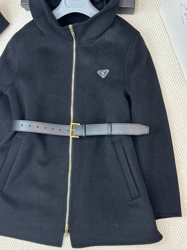 Prada 25 Mid-length Hooded Coat Black Wool 637355