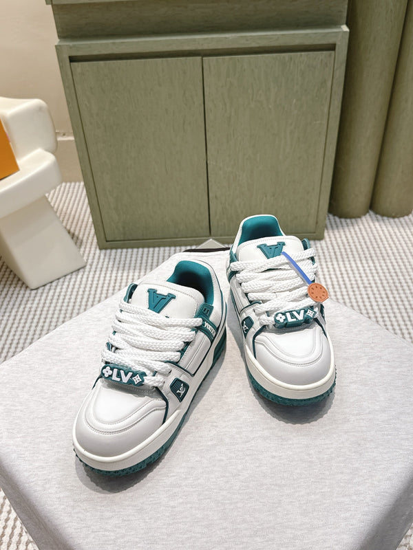LV Trainer Maxi Sneakers White and Teal Calfskin Mesh 515199