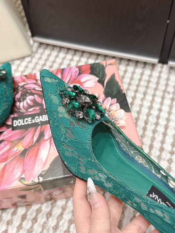 DG Pumps Crystals 6.5cm Teal Green Taormina Lace 663078