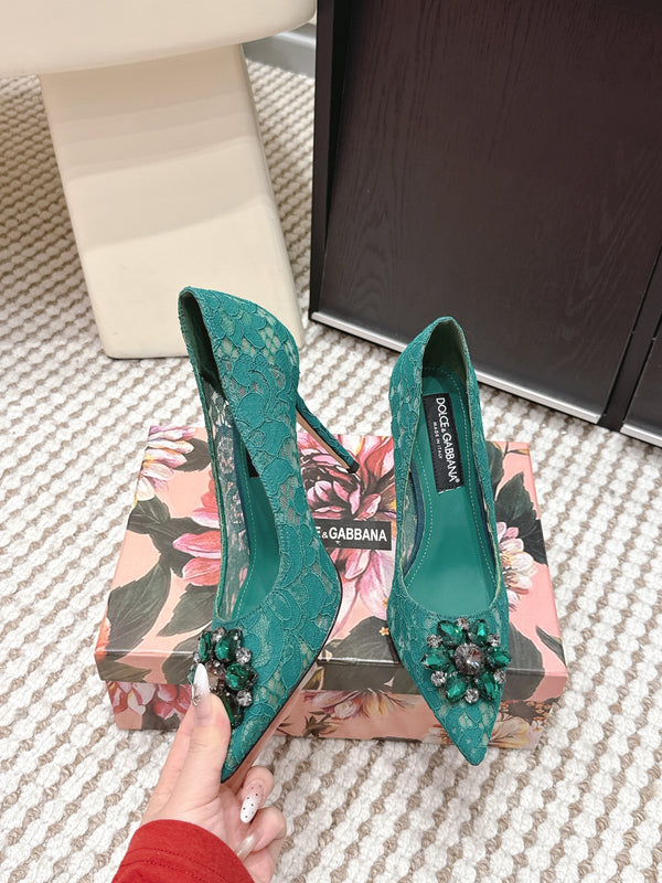 DG Pumps Crystals 9cm Teal Green Taormina Lace 663087